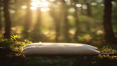 Meditation cushion in sunlit forest clearing.