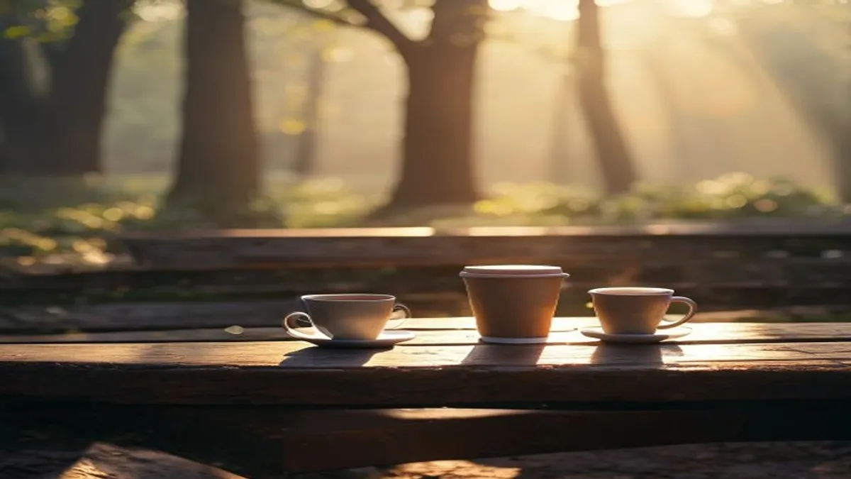 Park bench with two coffee cups morning light.