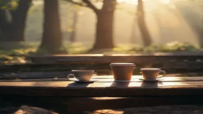 Park bench with two coffee cups morning light.