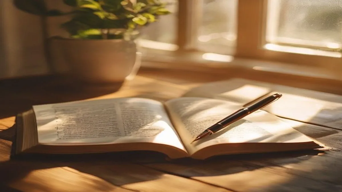 Open journal with pen on wooden table morning light.