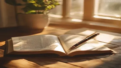 Open journal with pen on wooden table morning light.