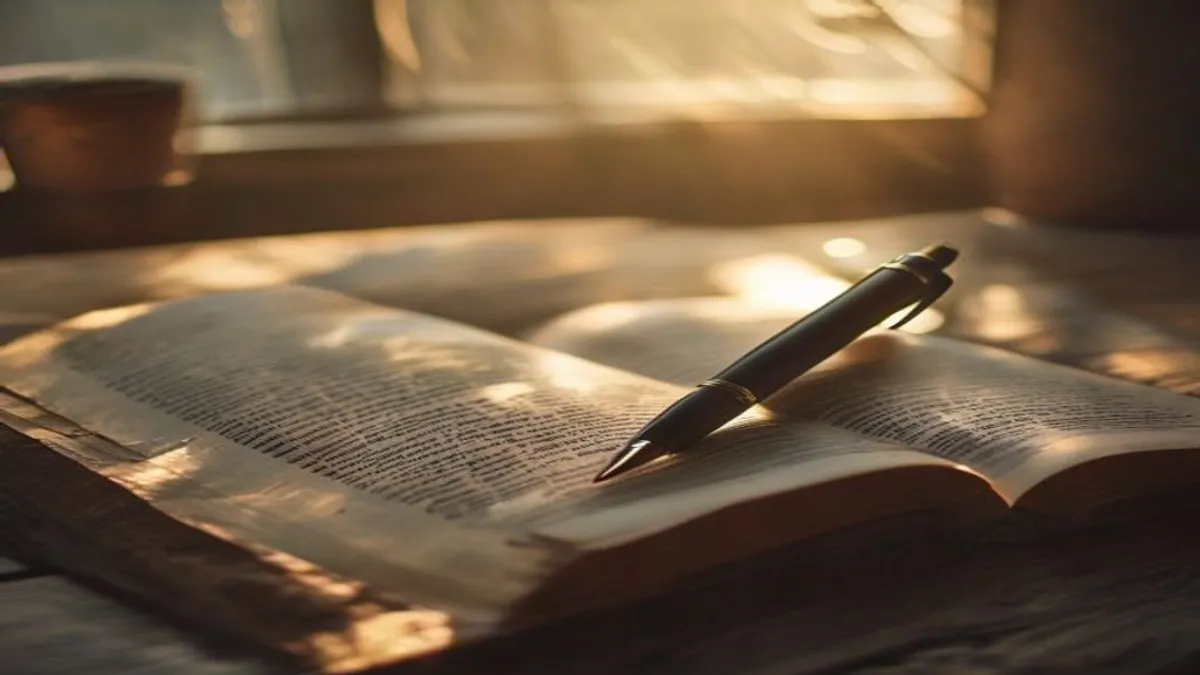 Open journal with pen on wooden table morning light.