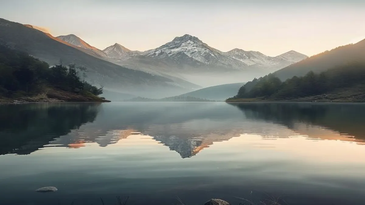 Calm lake with mountain reflection at dawn.