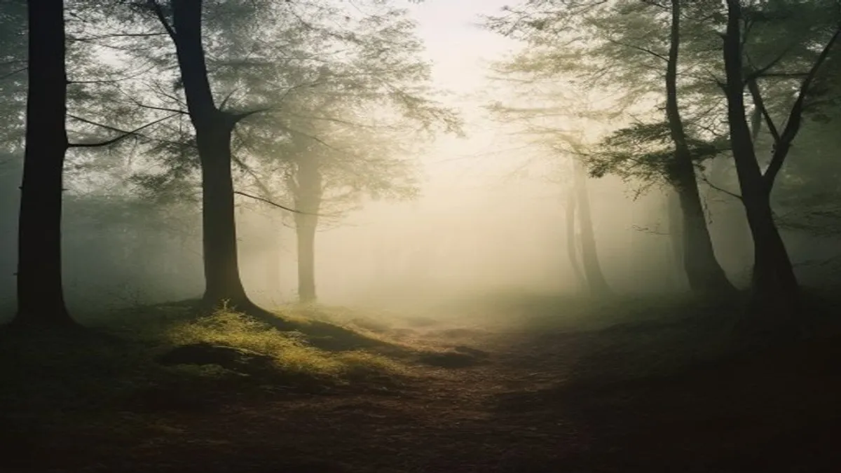 Peaceful forest clearing in morning mist.