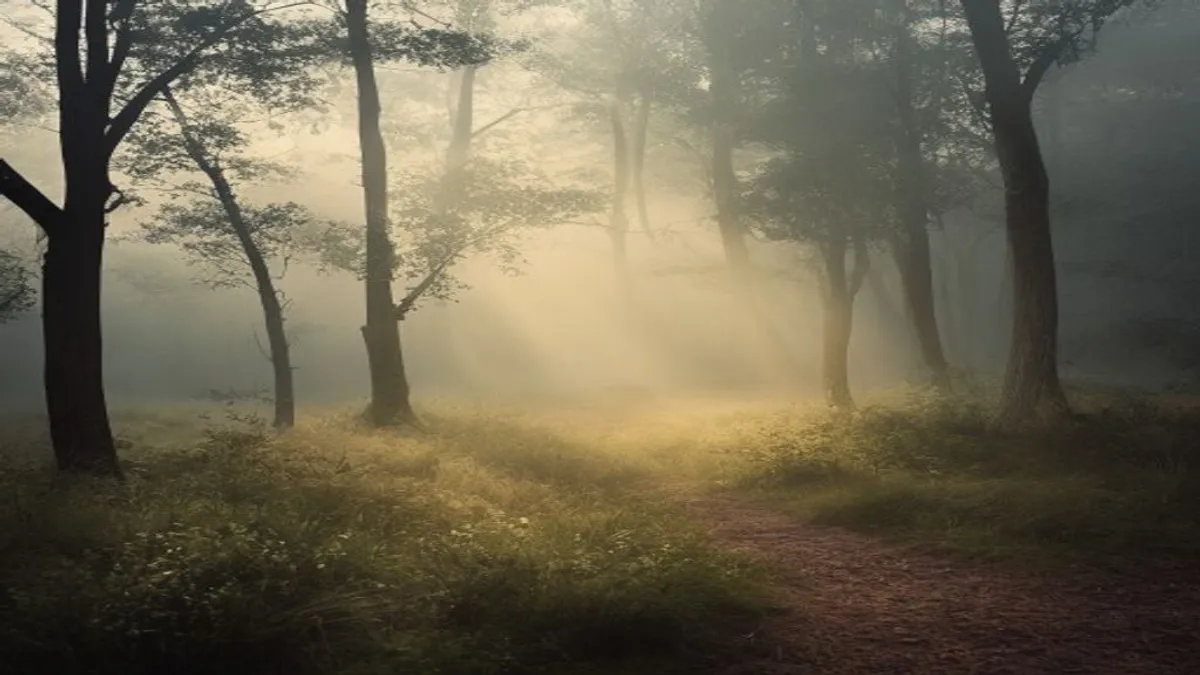 Peaceful forest clearing in morning mist.