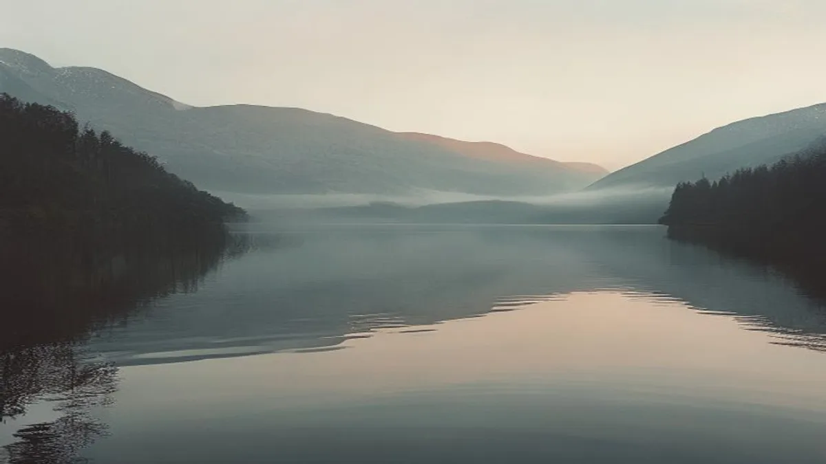 Calm lake with mountain reflection at dawn.
