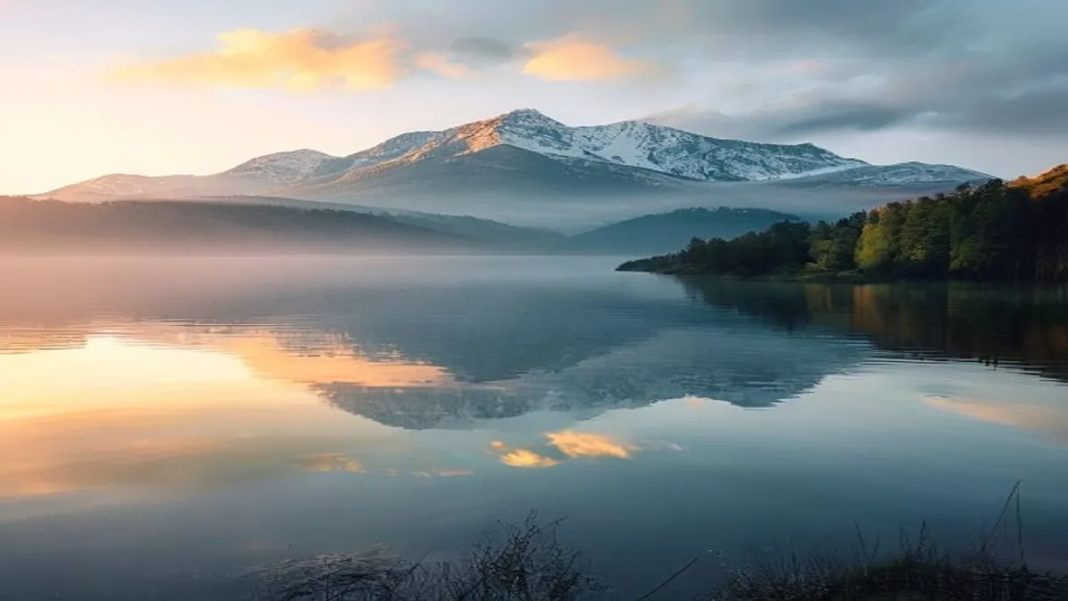 Calm lake with mountain reflection at dawn.