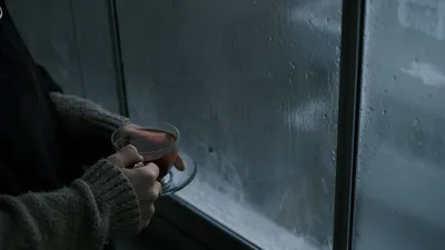 A person enjoys a cup of tea by a rainy window, exuding a calming and reflective mood.