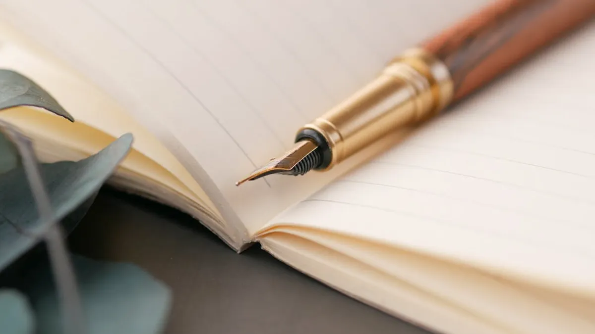A closeup of a luxurious fountain pen resting on a lined notebook, perfect for writing enthusiasts.